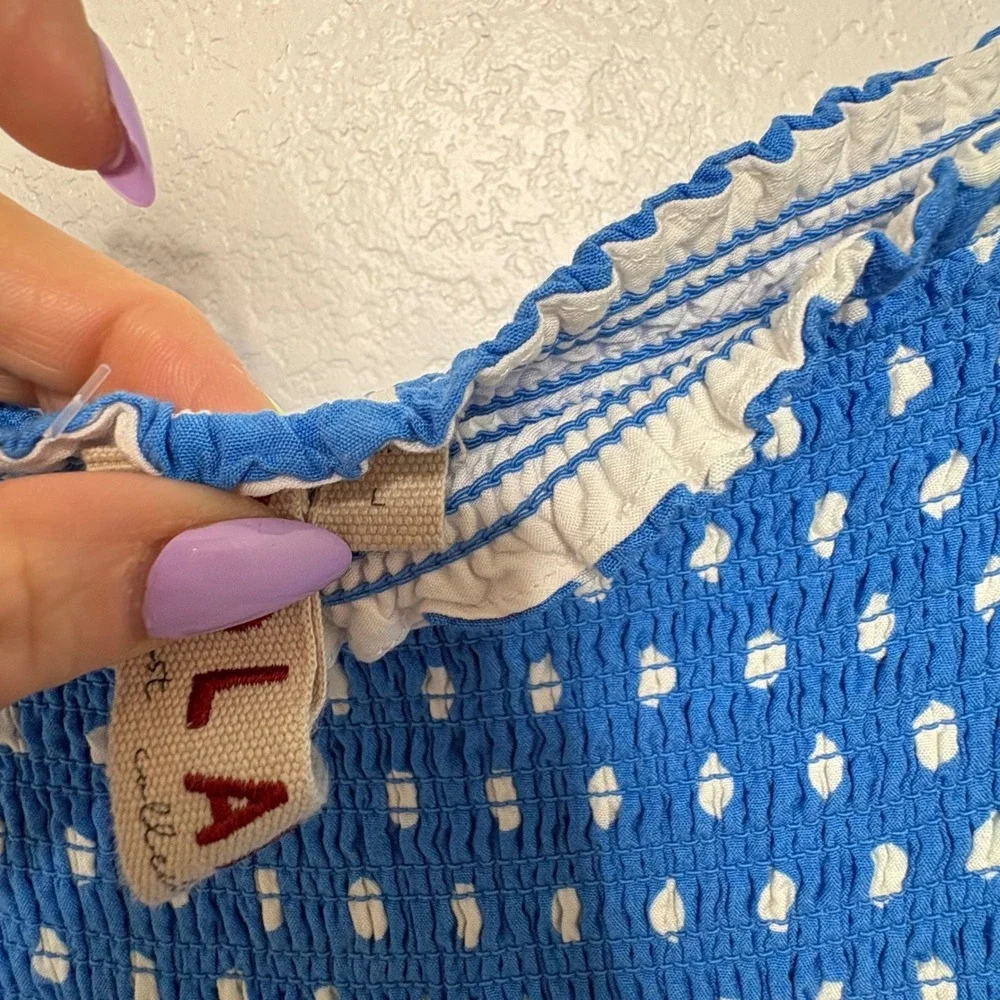 Dolan Anthropologie Collection Blue Polka Dot Smocked Tiered Dress Large - Picture 5 of 8